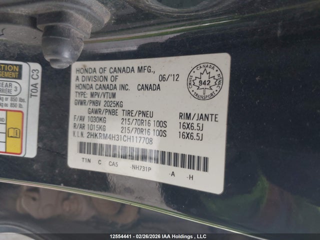 Aukcja sprzedaży 2012 Honda Cr-v Lx, vin: 2HKRM4H31CH117708, numer aukcji: 12554441