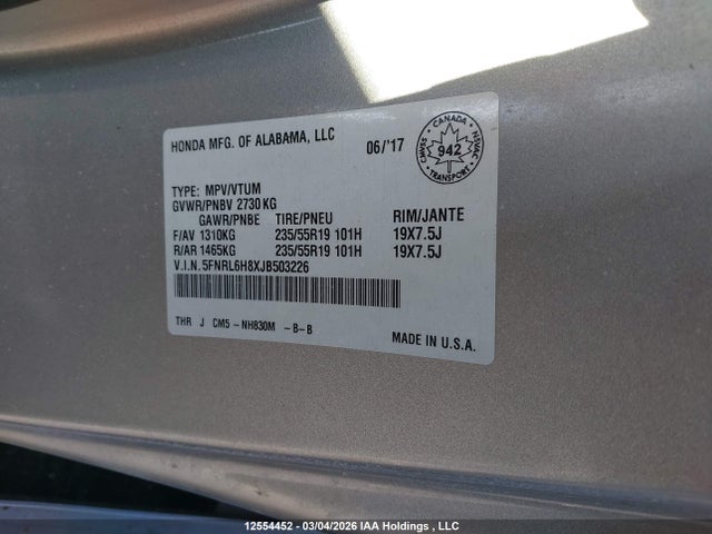 5FNRL6H8XJB503226 Honda Odyssey Touring