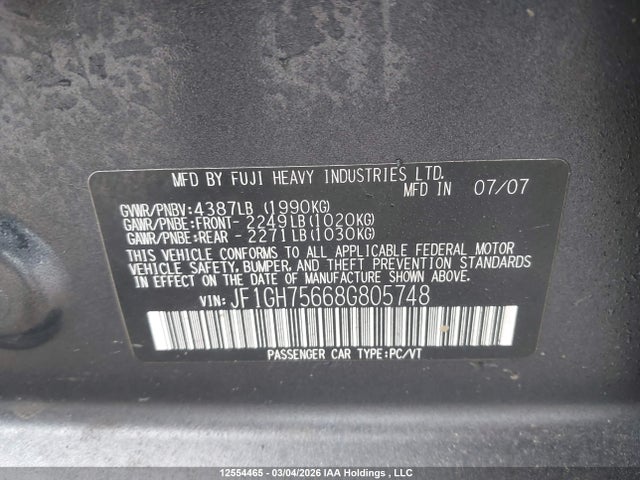 Aukcja sprzedaży 2008 Subaru Impreza Wrx, vin: JF1GH75668G805748, numer aukcji: 12554465