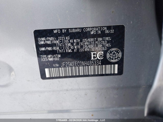 Продажа на аукционе авто 2022 Subaru Forester Premium, vin: JF2SKEEC0NH485334, номер лота: 12554469