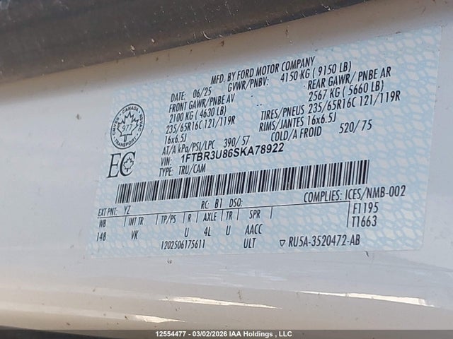 12554477 :رقم المزاد ، 1FTBR3U86SKA78922 vin ، 2025 Ford Transit T-250 مزاد بيع