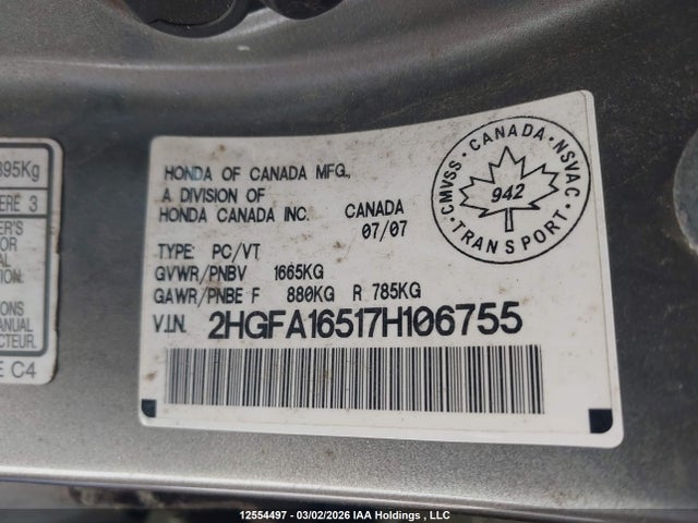 Продаж на аукціоні авто 2007 Honda Civic Lx, vin: 2HGFA16517H106755, номер лоту: 12554497