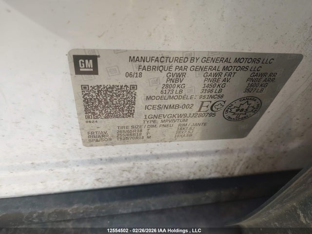 1GNEVGKW9JJ280795 Chevrolet Traverse Lt Cloth