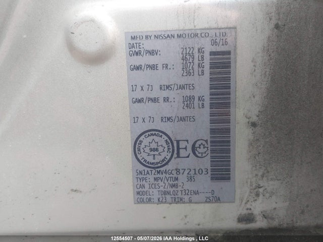 5N1AT2MV4GC872103 Nissan Rogue S/sl Premium/sv