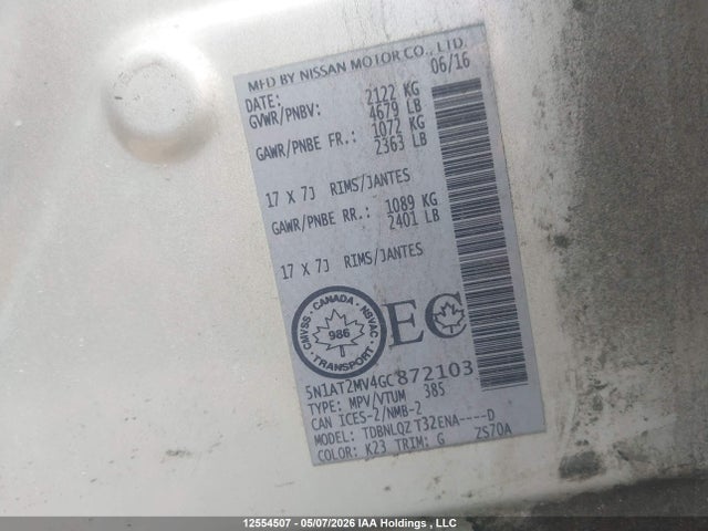 5N1AT2MV4GC872103 Nissan Rogue S/sl Premium/sv