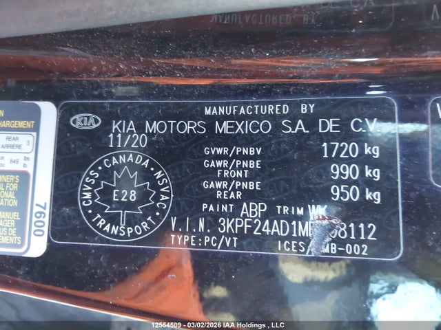 3KPF24AD1ME308112 KIA FORTE LX