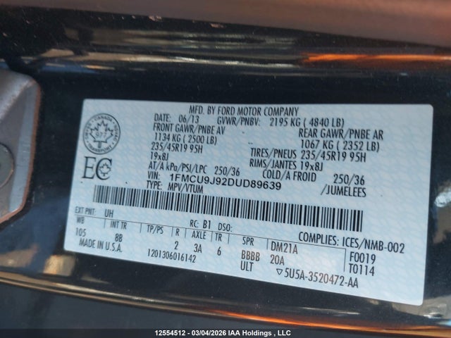 2013 Ford Escape Titanium მანქანა იყიდება აუქციონზე, vin: 1FMCU9J92DUD89639, აუქციონის ნომერი: 12554512