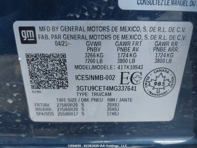 Продаж на аукціоні авто 2021 Gmc Sierra 1500 Elevation, vin: 3GTU9CET4MG337641, номер лоту: 12554520