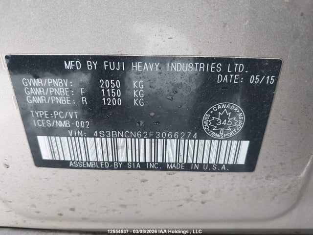 4S3BNCN62F3066274 Subaru Legacy 2.5i Limited Package
