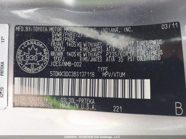 Aukcja sprzedaży 2011 Toyota Sienna Le 8 Passenger, vin: 5TDKK3DC3BS137118, numer aukcji: 12554544