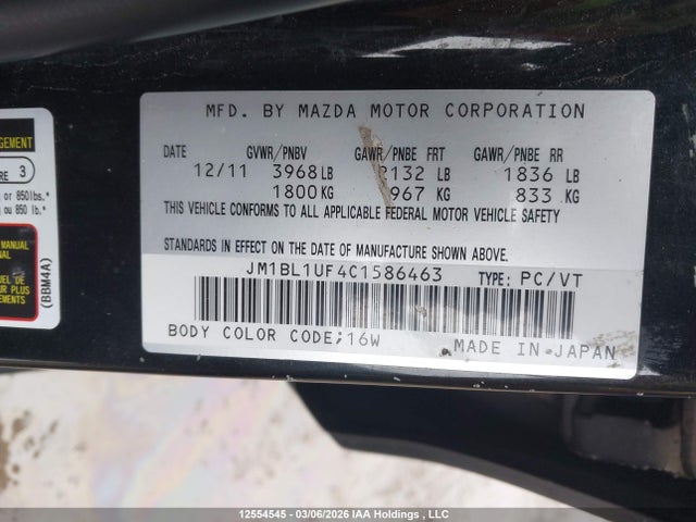 Aukcja sprzedaży 2012 Mazda Mazda3, vin: JM1BL1UF4C1586463, numer aukcji: 12554545