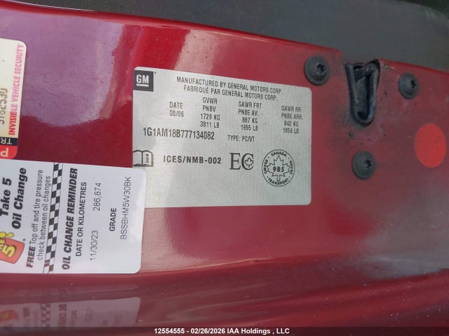12554555 :رقم المزاد ، 1G1AM18B777134082 vin ، 2007 Chevrolet Cobalt Ss مزاد بيع