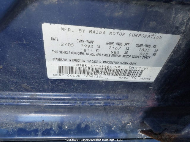 Продаж на аукціоні авто 2006 Mazda Mazda3 Gs/gt, vin: JM1BK143161464799, номер лоту: 12554576