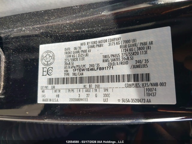 12554580 :رقم المزاد ، 1FTEW1E46LFB91771 vin ، 2020 Ford F150 Supercrew مزاد بيع