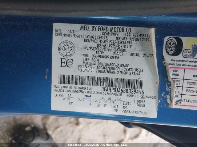 Продажа на аукционе авто 2011 Ford Fusion Sel, vin: 3FAHP0JA6BR339456, номер лота: 12554582