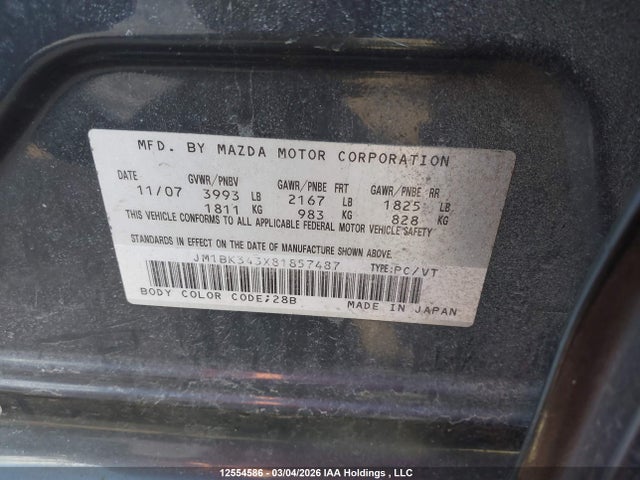 12554586 :رقم المزاد ، JM1BK343X81857487 vin ، 2008 Mazda Mazda3 Gs/gt مزاد بيع