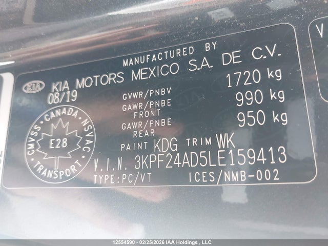 12554590 :رقم المزاد ، 3KPF24AD5LE159413 vin ، 2020 Kia Forte Lx مزاد بيع