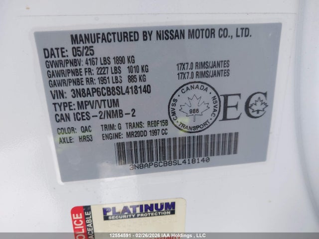 Продаж на аукціоні авто 2025 Nissan Kicks Sv, vin: 3N8AP6CB8SL418140, номер лоту: 12554591