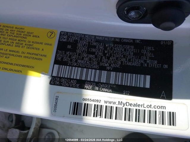 Aukcja sprzedaży 2007 Lexus Rx 350, vin: 2T2GK31U37C025885, numer aukcji: 12554599