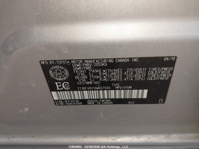 12554602 :رقم المزاد ، 2T3BF4DV1AW047930 vin ، 2010 Toyota Rav4 مزاد بيع