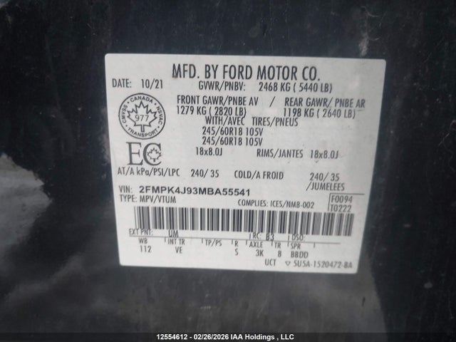 Aukcja sprzedaży 2021 Ford Edge Sel, vin: 2FMPK4J93MBA55541, numer aukcji: 12554612