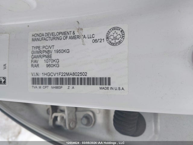 Продаж на аукціоні авто 2021 Honda Accord Se, vin: 1HGCV1F22MA802502, номер лоту: 12554624