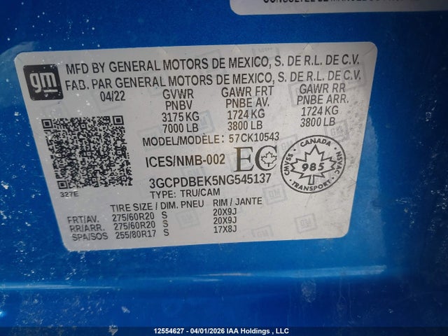2022 Chevrolet Silverado K1500 Custom მანქანა იყიდება აუქციონზე, vin: 3GCPDBEK5NG545137, აუქციონის ნომერი: 12554627
