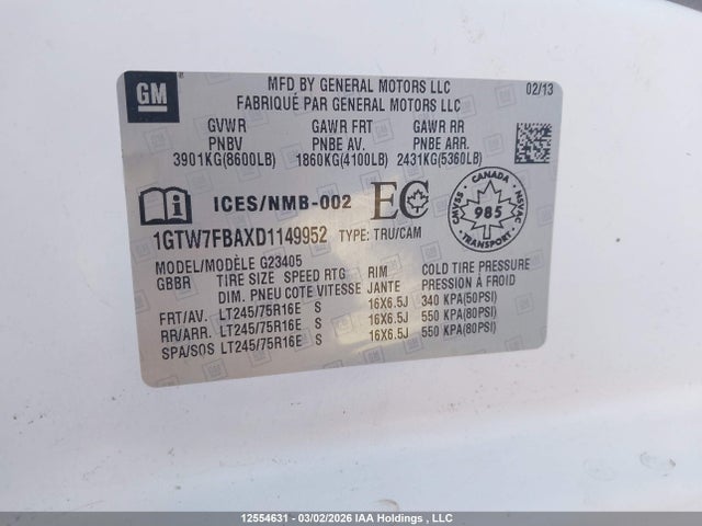 Aukcja sprzedaży 2013 Gmc Savana G2500, vin: 1GTW7FBAXD1149952, numer aukcji: 12554631