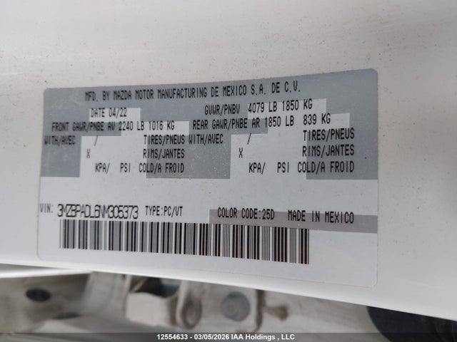 3MZBPADL6NM305373 Mazda Mazda3 Gt
