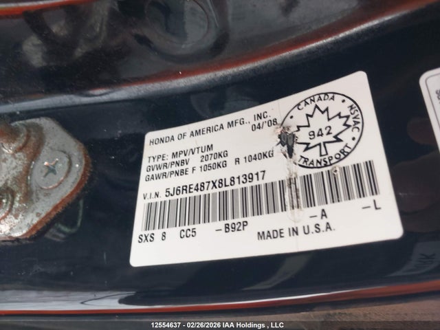 12554637 :رقم المزاد ، 5J6RE487X8L813917 vin ، 2008 Honda Cr-v Ex-l مزاد بيع