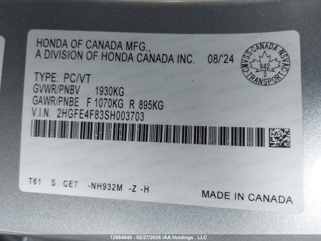Продаж на аукціоні авто 2025 Honda Civic Sport/sport Touring, vin: 2HGFE4F83SH003703, номер лоту: 12554640