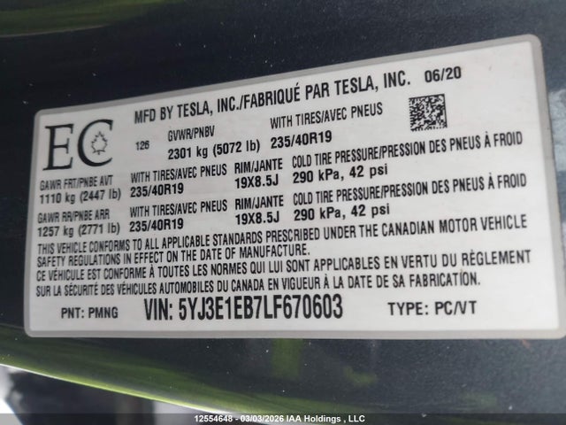 Aukcja sprzedaży 2020 Tesla Model 3 Long Range, vin: 5YJ3E1EB7LF670603, numer aukcji: 12554648