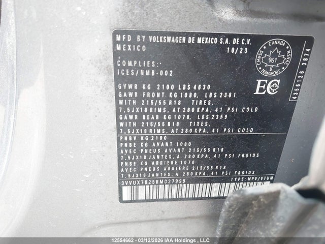 12554662 :رقم المزاد ، 3VVUX7B25RM027999 vin ، 2024 Volkswagen Taos مزاد بيع