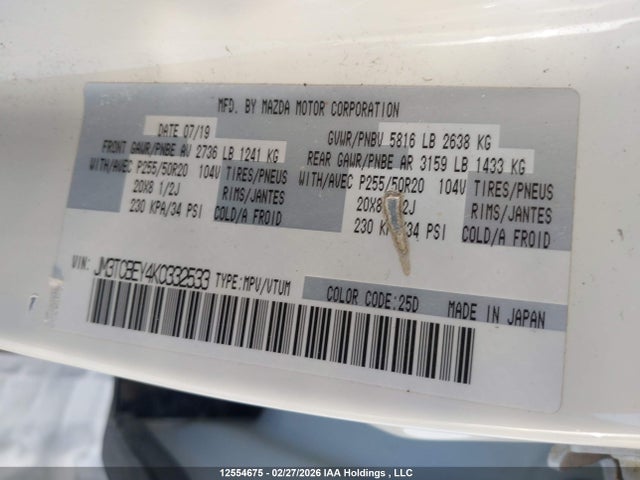Aukcja sprzedaży 2019 Mazda Cx-9 Signature, vin: JM3TCBEY4K0332533, numer aukcji: 12554675