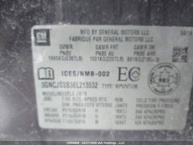 12554688 :رقم المزاد ، 3GNCJSSB3EL213532 vin ، 2014 Chevrolet Trax Ltz مزاد بيع