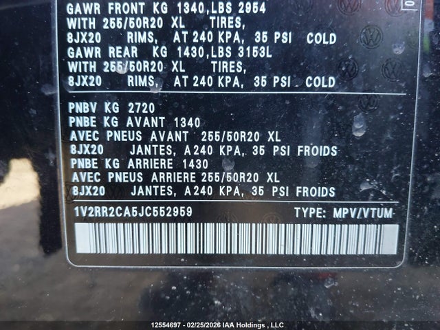 12554697 :رقم المزاد ، 1V2RR2CA5JC552959 vin ، 2018 Volkswagen Atlas 3.6 Fsi Highline مزاد بيع