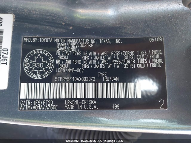 2010 Toyota Tundra Double Cab Sr5 მანქანა იყიდება აუქციონზე, vin: 5TFRM5F10AX002073, აუქციონის ნომერი: 12554702