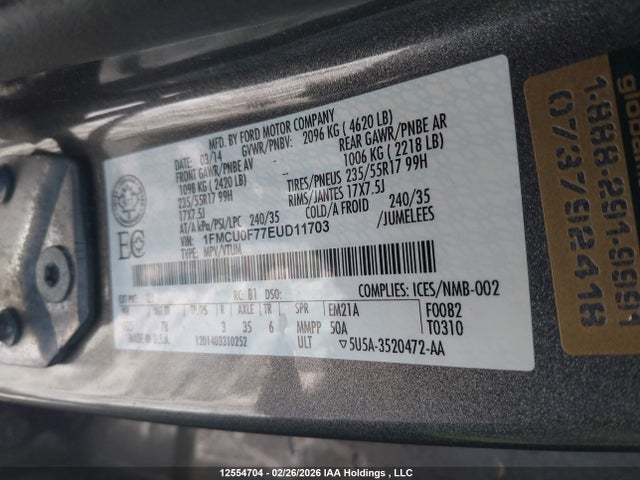Aukcja sprzedaży 2014 Ford Escape S, vin: 1FMCU0F77EUD11703, numer aukcji: 12554704