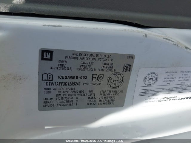 12554708 :رقم المزاد ، 1GTW7AFF3G1289242 vin ، 2016 Gmc Gmc مزاد بيع