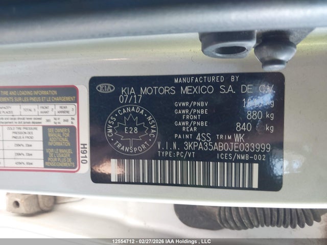 3KPA35AB0JE033999 KIA RIO EX