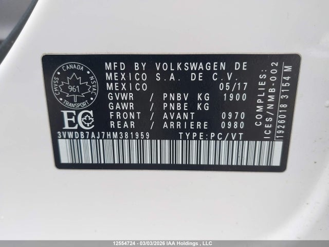 12554724 :رقم المزاد ، 3VWDB7AJ7HM381959 vin ، 2017 Volkswagen Jetta Se مزاد بيع