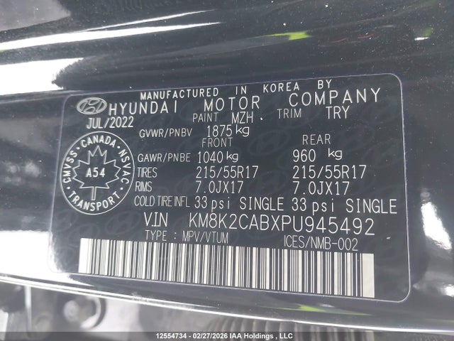 KM8K2CABXPU945492 Hyundai Kona Se