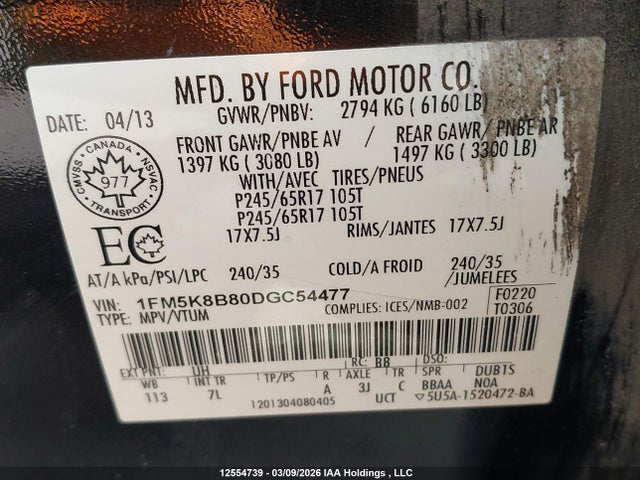 12554739 :رقم المزاد ، 1FM5K8B80DGC54477 vin ، 2013 Ford Explorer مزاد بيع
