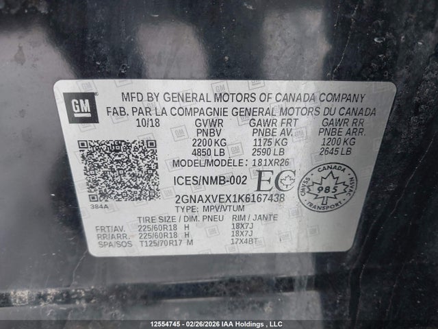 Aukcja sprzedaży 2019 Chevrolet Equinox Lt, vin: 2GNAXVEX1K6167438, numer aukcji: 12554745