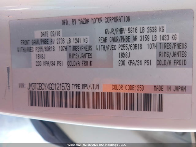 JM3TCBCYXG0121573 Mazda Cx-9 Touring