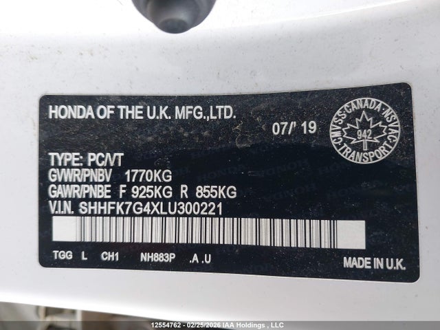 SHHFK7G4XLU300221 Honda Civic Sport