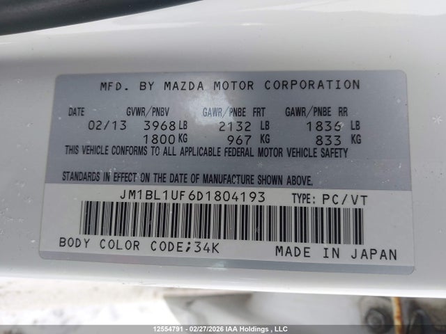 Aukcja sprzedaży 2013 Mazda 3 I, vin: JM1BL1UF6D1804193, numer aukcji: 12554791