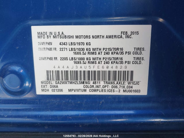 Aukcja sprzedaży 2015 Mitsubishi Rvr, vin: 4A4AJ3AU5FE604829, numer aukcji: 12554793