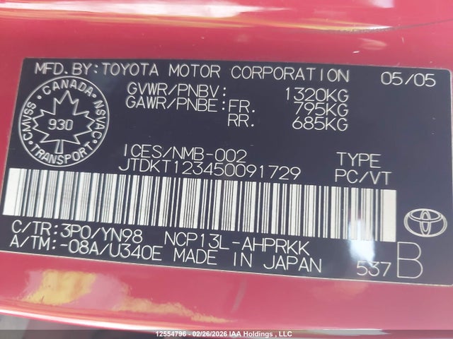 2005 Toyota Echo მანქანა იყიდება აუქციონზე, vin: JTDKT123450091729, აუქციონის ნომერი: 12554796