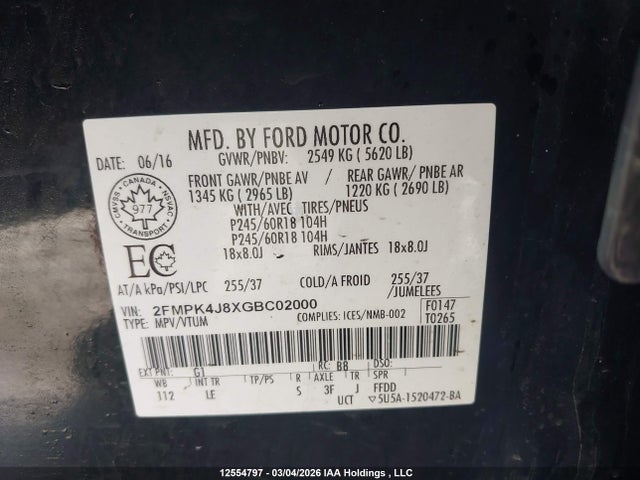 12554797 :رقم المزاد ، 2FMPK4J8XGBC02000 vin ، 2016 Ford Edge Sel مزاد بيع